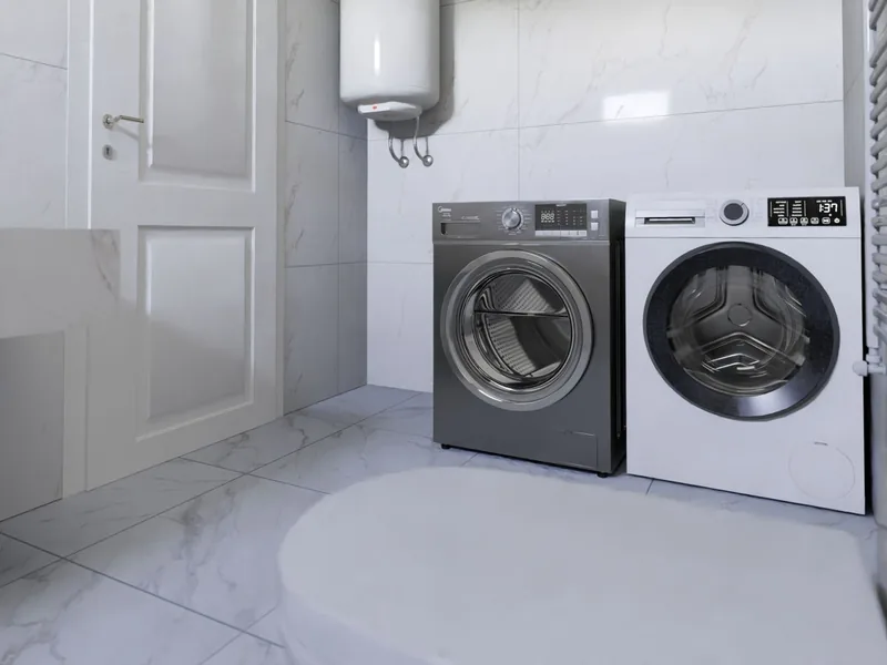 Washer and dryer pair in a home laundry room